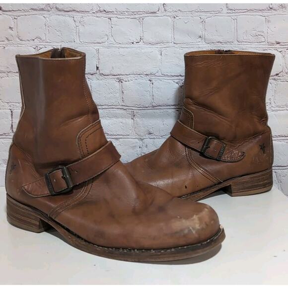 Vintage Men’s Frye Short Boots Leather Brandy Brown Color Size 11 Front Harness